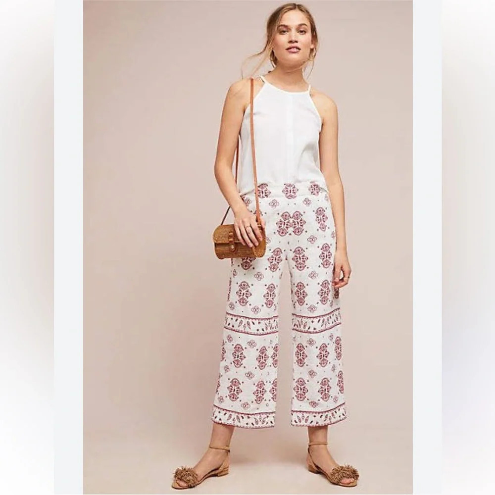 Anthropologie Ett Twa Jadida Embroidered Linen Blend Fully Lined‎ Pant 4 TALL